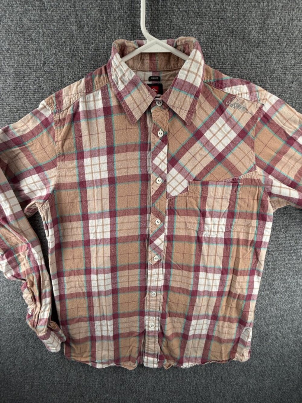 Quiksilver Beige Red Plaid Mid Medium Pocket Surf Mens Shirt Long Sleeve Flannel